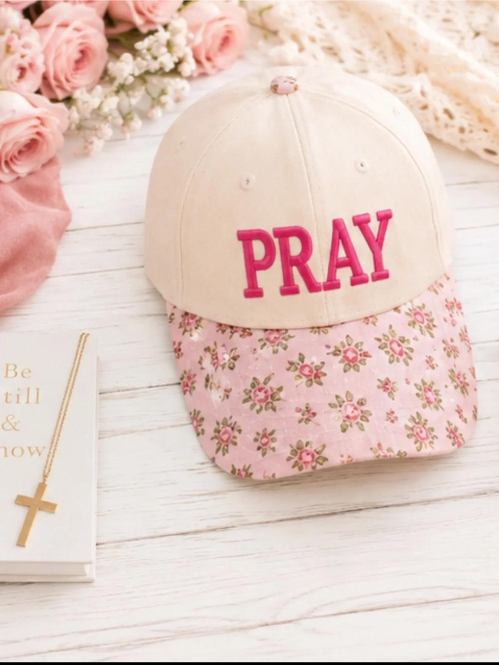 “Pray” Embroidered Trucker Hat | Cream Pink Ditsy Floral Faith Cap NWT